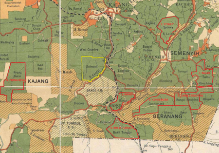 Peta sekitar daerah Ulu Langat, dengan ladang-ladang yang menyertai mogok wanita Tionghua pada 11 Mac 1937, ditandakan dengan sempadan dan label merah