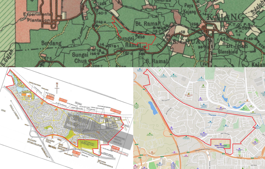 Peta Country Heights, tahun 1950 (ketika itu Sungei Ramal Estate), 1990-an, dan kini