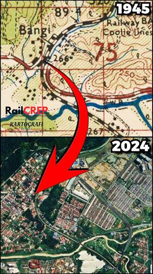 Perbandingan lokasi lintasan rata di antara peta yang diterbitkan pada tahun 1945 dengan imej satelit Google Earth terkini. Perbandingan lokasi lintasan rata di antara peta yang diterbitkan pada tahun 1945 dengan imej satelit Google Earth terkini.