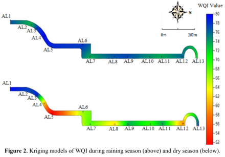 Figure 2. Kriging models of WQI during raining season (above) and dry season (below).