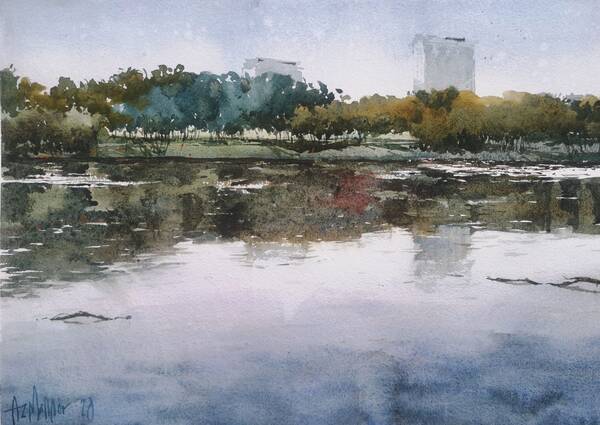 “Reflection (Taman Tasik Cempaka)” (Azmannor, 2020: Watercolor on Khadi paper, 30cm x 42cm)