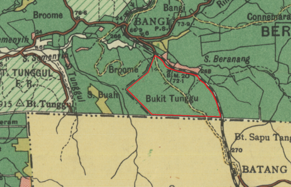 Peta Bukit Tunggu Estate (1950), ditandakan merah