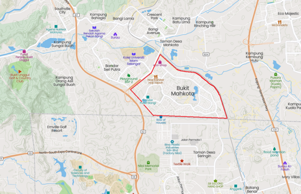 Peta Bukit Tunggu Estate kini (Bandar Bukit Mahkota), ditanda merah