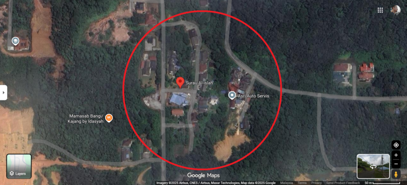 Kemungkinan lokasi Kampung Bangkahulu di Kampung Sungai Merab Hulu kini (Google Maps, 2025).