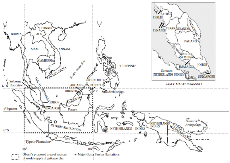 Map 4: Historic map of sources of world supply of gutta percha in the nineteenth century