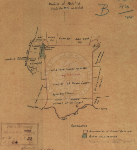 Peta Hutan Simpan Ayer Itam, ketika penyahwartaan sebahagian kecilnya (kawasan berlorek di sebelah barat laut) dibuat pada 13 April 1926