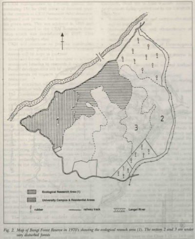 Fig. 2: Map of Bangi Forest Reserve in 1970's showing the ecological research area (1). The section 2 and 3 are under very disturbed forests