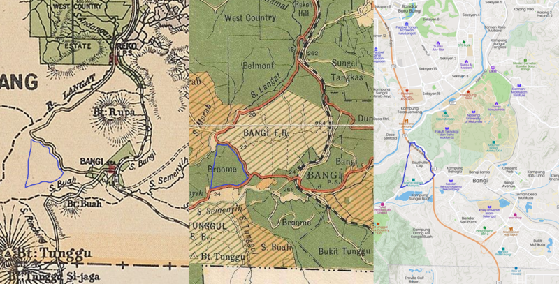 Kemungkinan kawasan ladang D. Sutherland (ditanda biru) pada tahun 1904, 1924, dan kini