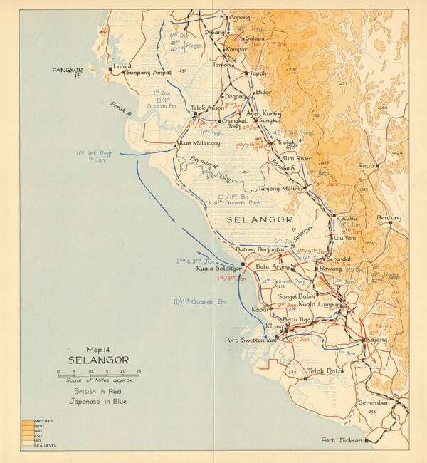 SELANGOR. JAPANESE INVASION OF MALAYA 1942. MALAYSIA 1957 OLD VINTAGE MAP