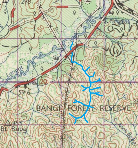 Peta sekitar sungai asal Alur Ilmu (ditandakan biru muda), 1962