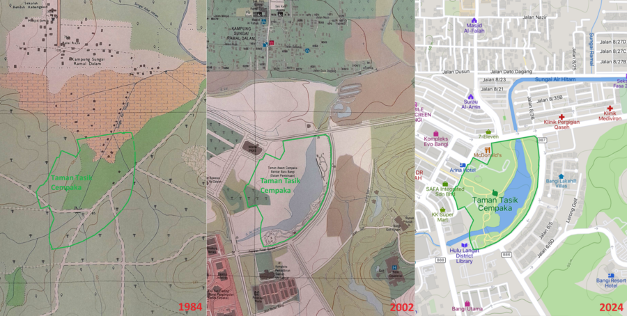 Peta sekitar Taman Tasik Cempaka: 1984 (secara kasar), 2002, dan 2024