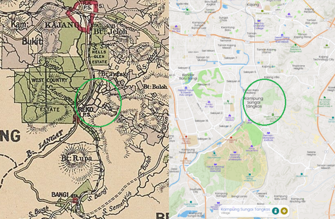 Lokasi Rekoh (sekitar bulatan hijau), 1904 dan kini